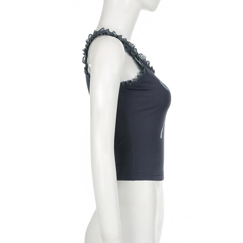 U neck lace hem bowknot pattern contrast tank top