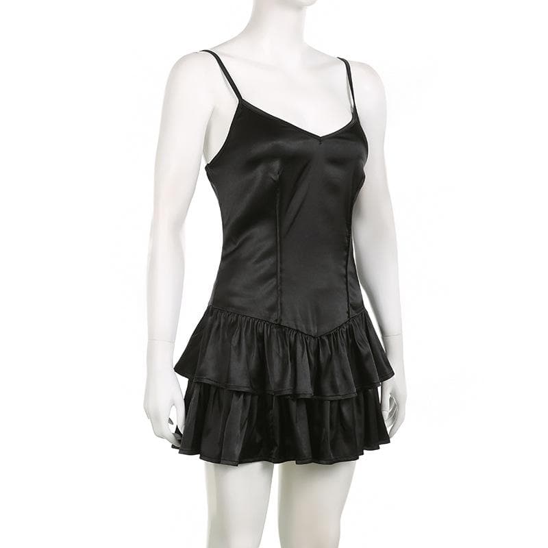Satin v neck backless zip-up ruched solid cami mini dress