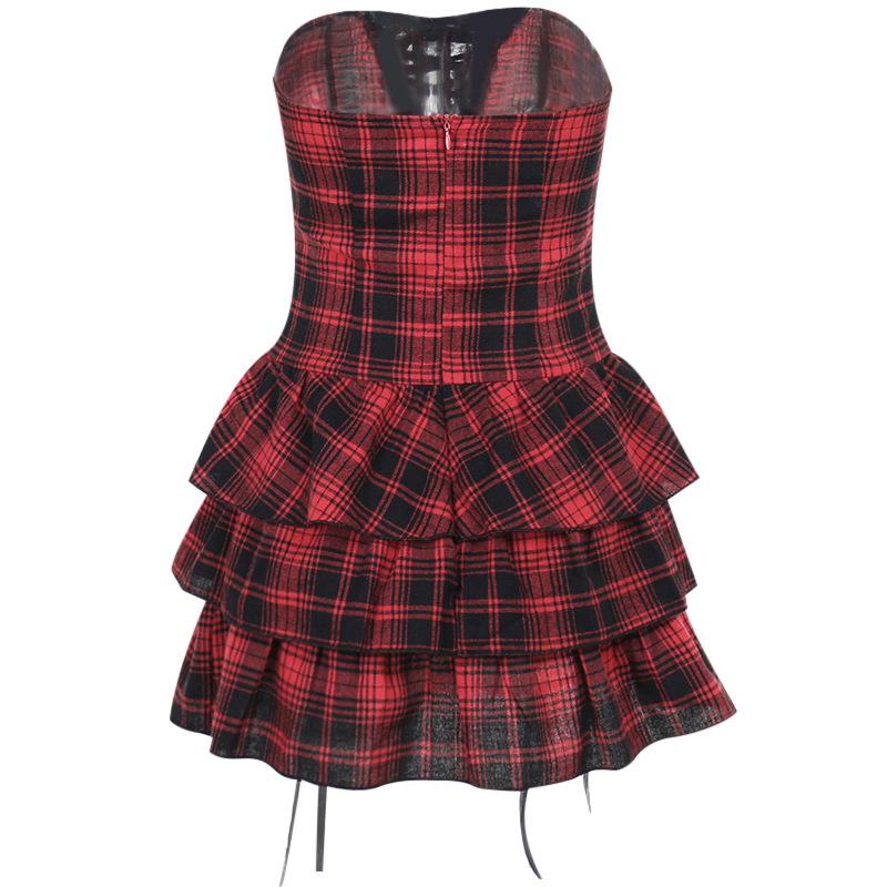 Plaid lace up self tie tube mini dress