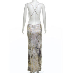 Cowl neck cross back o ring high slit print maxi dress