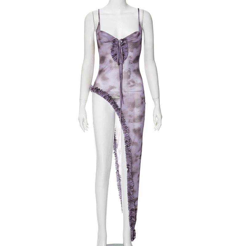 Mesh self tie print high slit ruffle cami maxi dress
