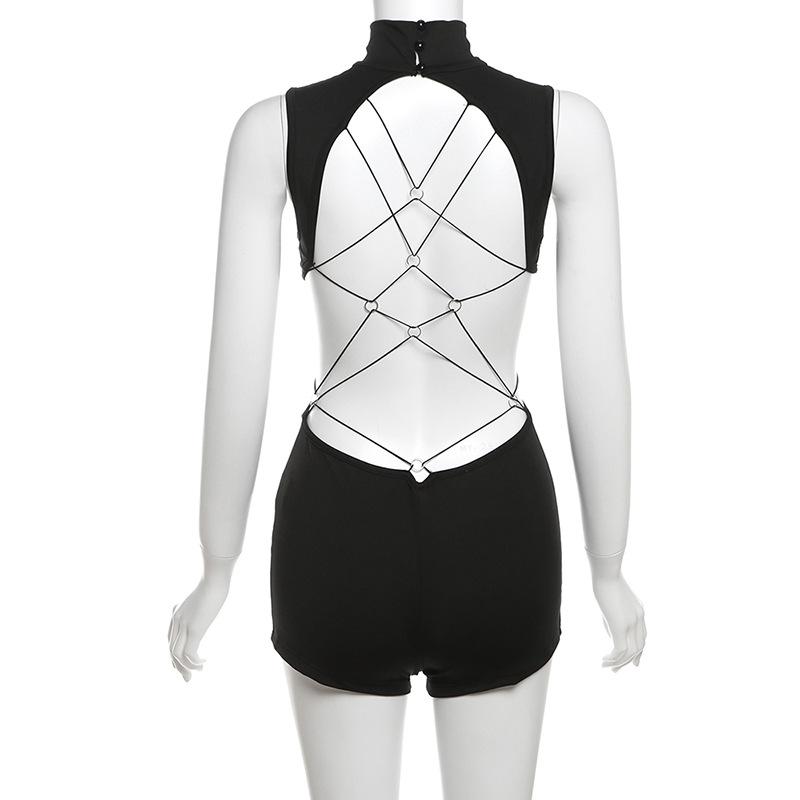 Sleeveless high neck button backless romper