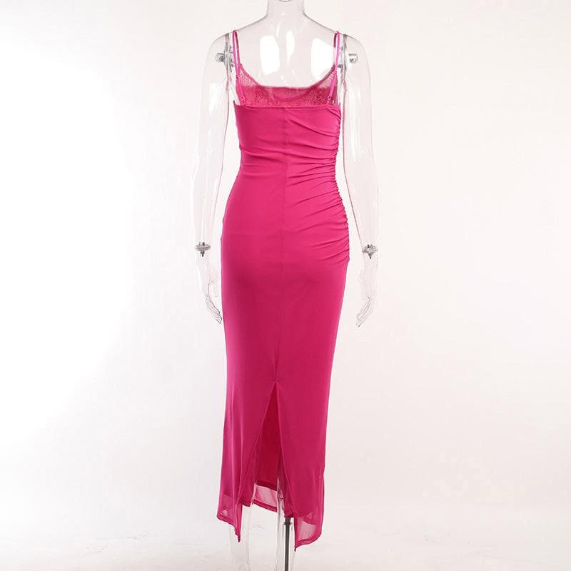 Mesh ruched slit square neck solid backless cami midi dress  | red tango dress