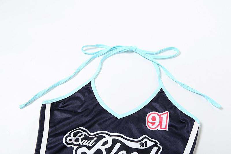 Halter self tie letter pattern backless contrast top