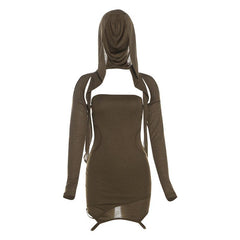 Hoodie long sleeve hollow out shrug mini skirt set