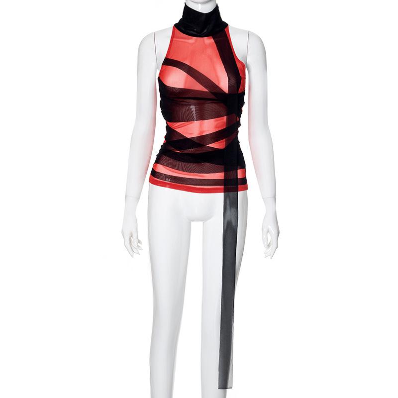 High neck sheer mesh patchwork top
