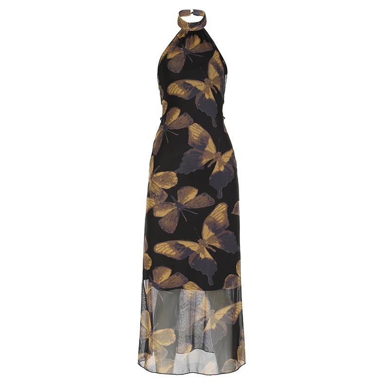 Halter butterfly print backless mesh maxi dress