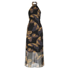 Halter butterfly print backless mesh maxi dress