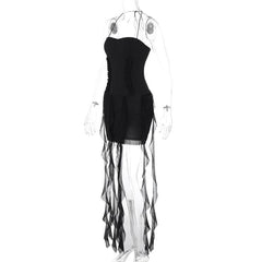 Halter ruffle sweetheart neck solid backless mini dress