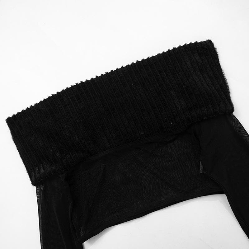 Long sleeve off shoulder ribbed patchwork mesh crop top