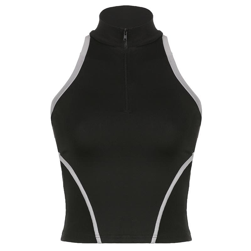 High neck contrast sleeveless zip-up hollow out backless cut out top