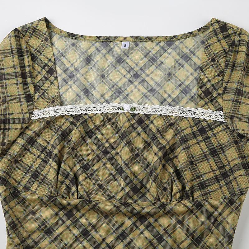 Long flared sleeve plaid print lace hem top