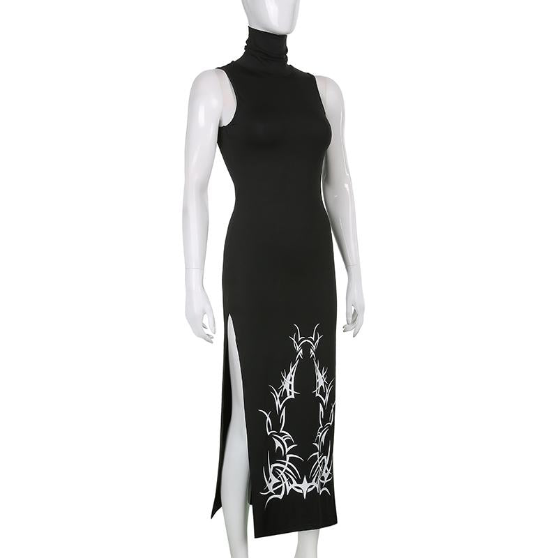 High neck slit print maxi dress
