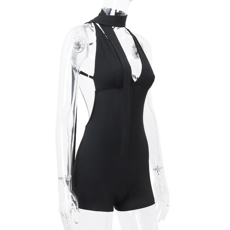 Deep V neck cross back backless ruched solid cami romper