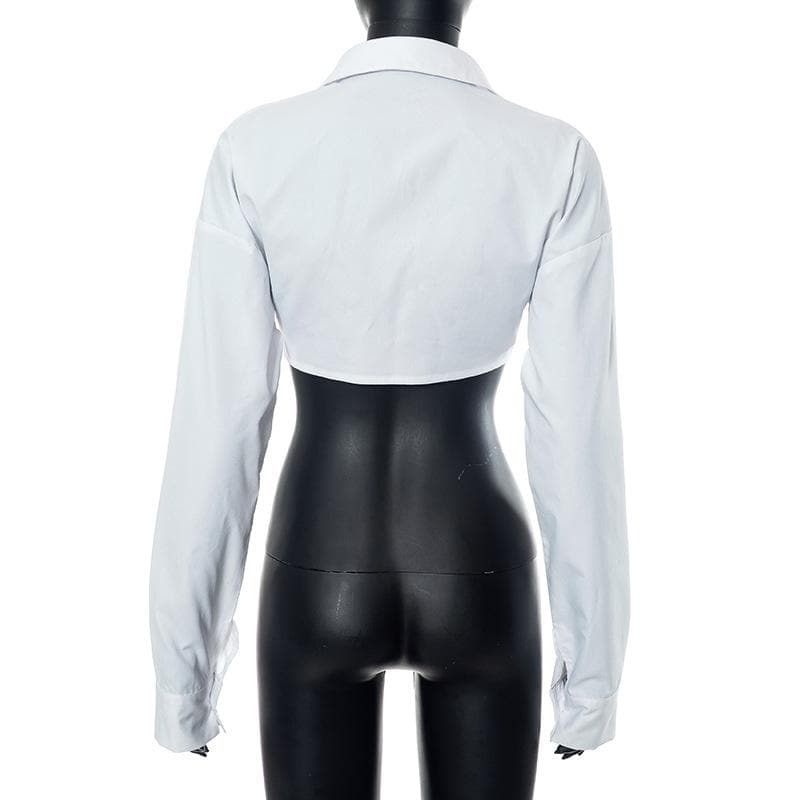 Turnover collar button long sleeve solid crop top
