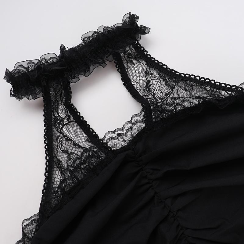 Halter ruffle hollow out lace hem mini dress