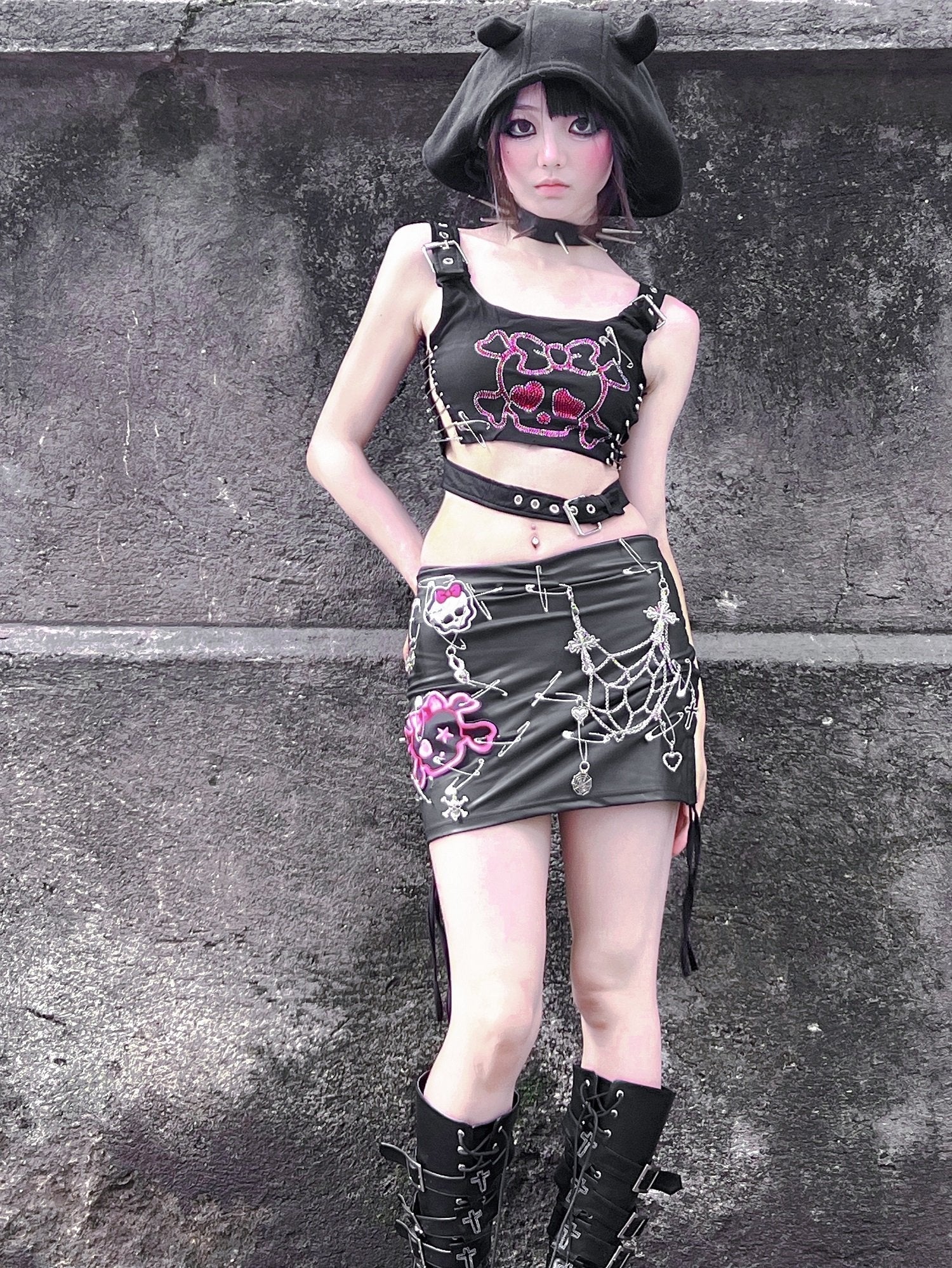 Skull pattern beaded drawstring buckle mini skirt set