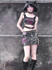 Skull pattern beaded drawstring buckle mini skirt set