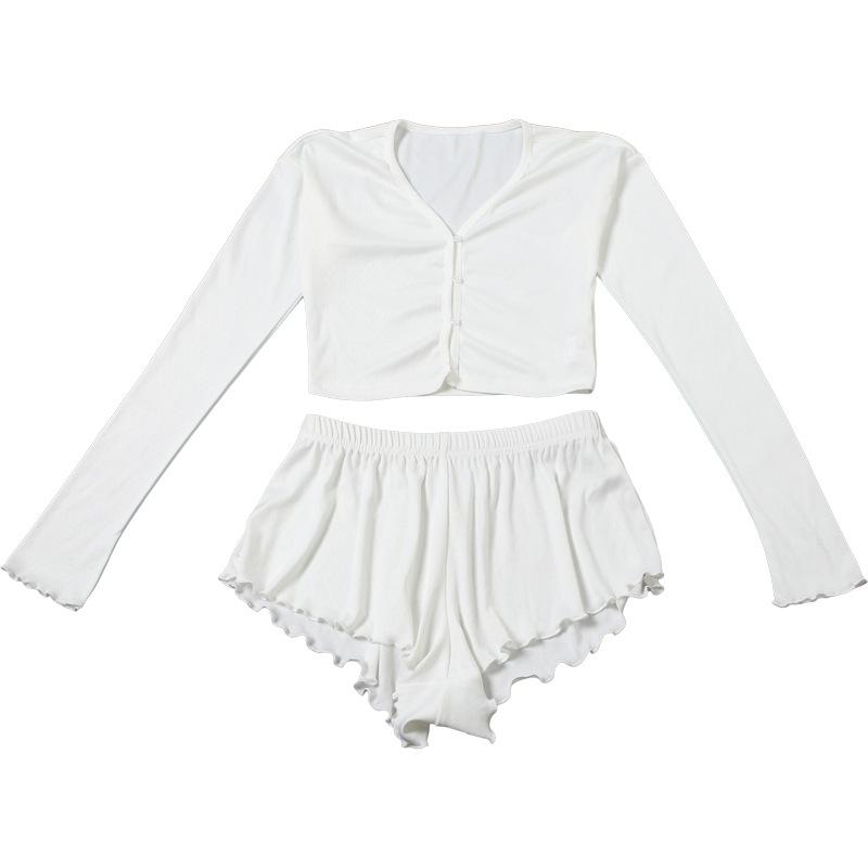 Long sleeve textured ruffle button short pant set