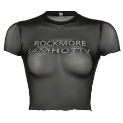 Short sleeve sheer mesh letter print crop top