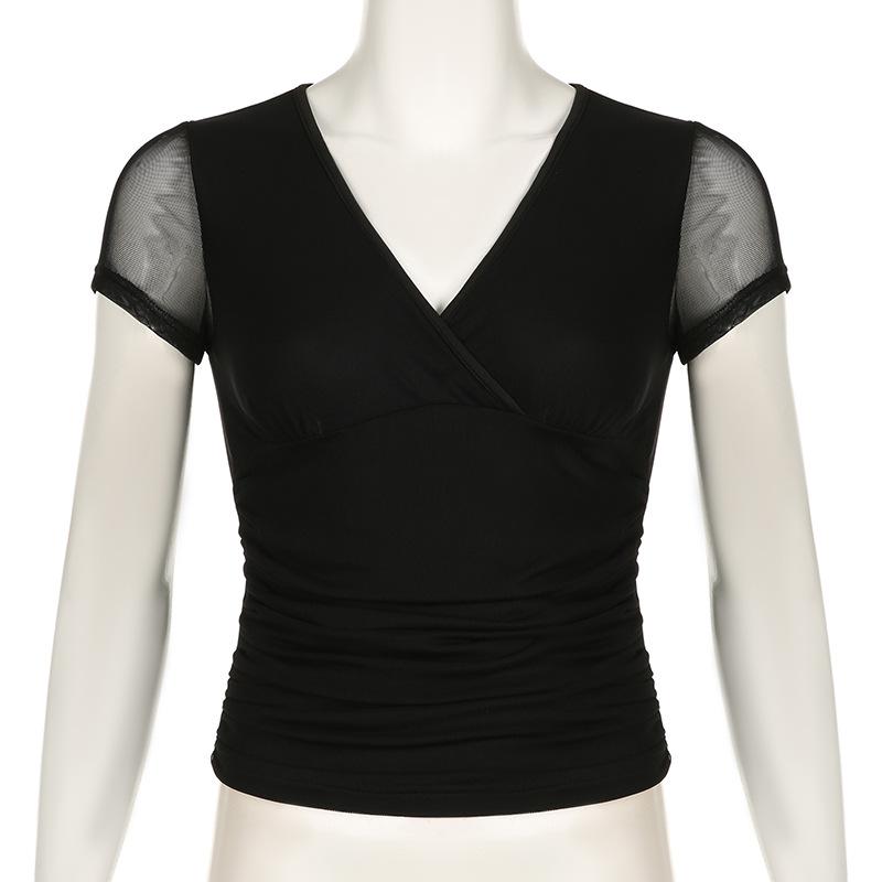 Short sleeve v neck mesh ruched solid top