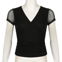 Short sleeve v neck mesh ruched solid top