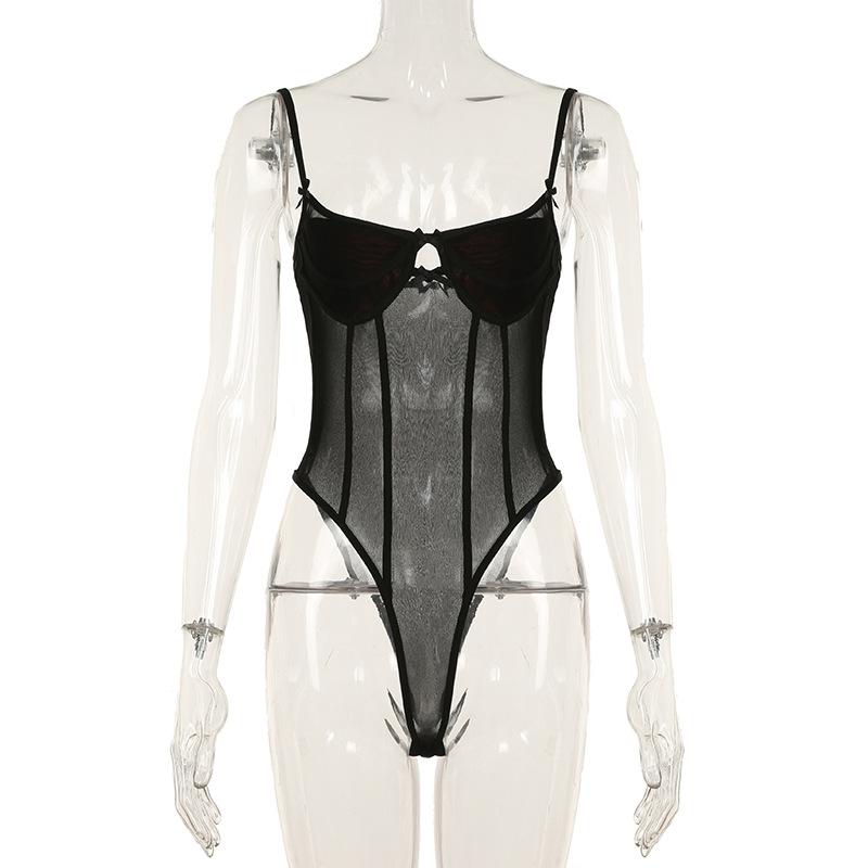 Sweetheart neck corset bowknot mesh cami bodysuit