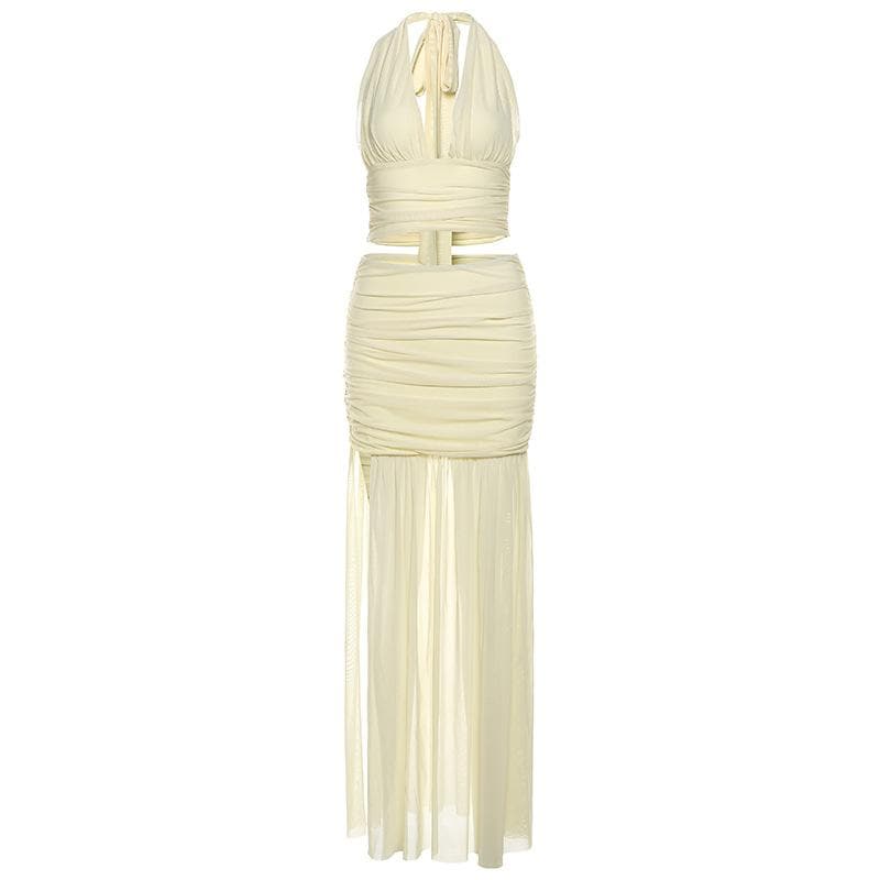 Halter ruched deep v neck high slit mesh maxi skirt set