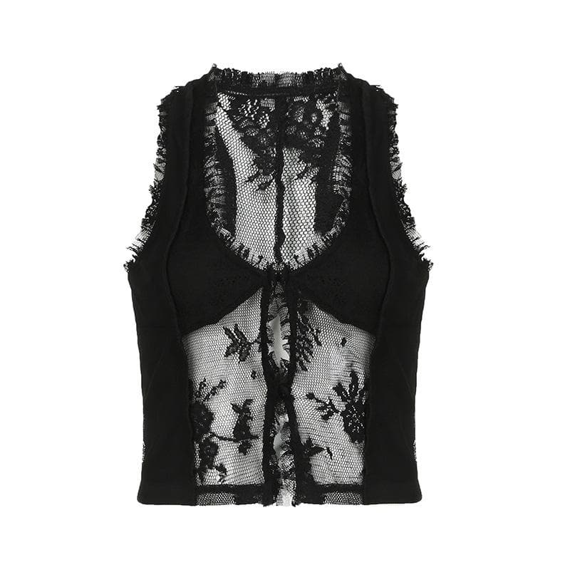 U neck lace ruffle hollow out tank cut out top