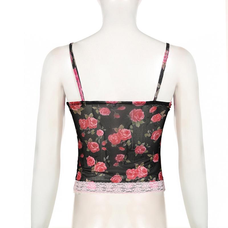 V neck lace hem backless rose print mesh cami top