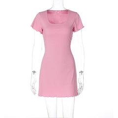 Short sleeve u neck ribbed knotted mini dress