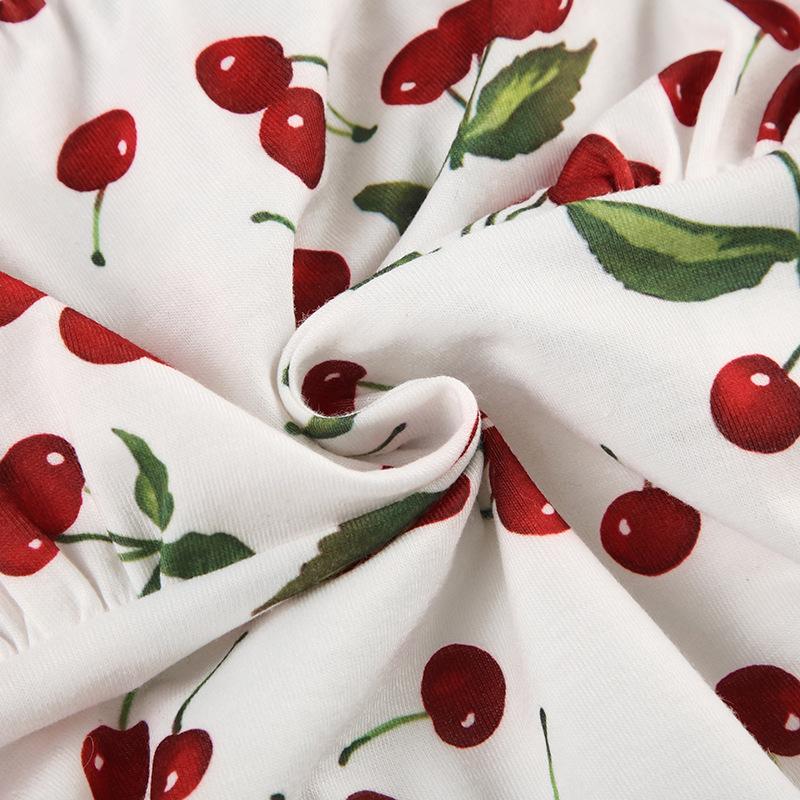 Cap sleeve u neck cherry print lace up top