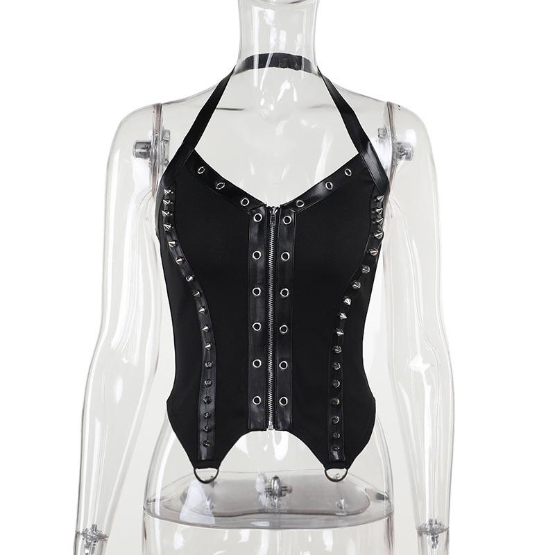 Halter zip-up rivet o ring v neck top