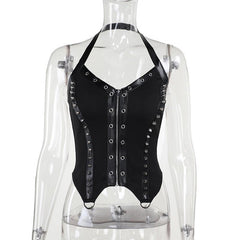 Halter zip-up rivet o ring v neck top