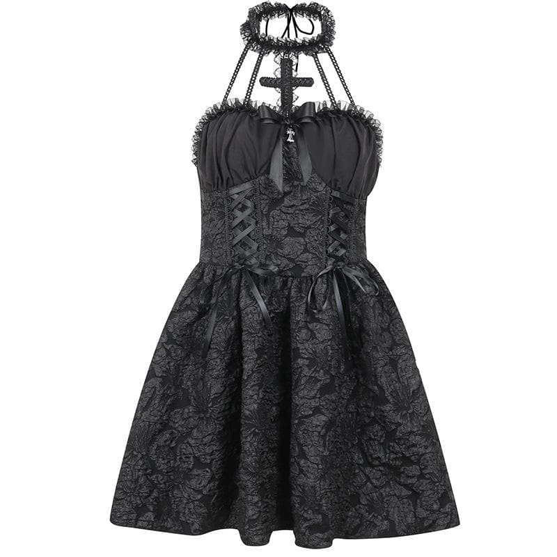 Textured cross applique ruffle halter zip-up lace up mini dress  | black rave dress