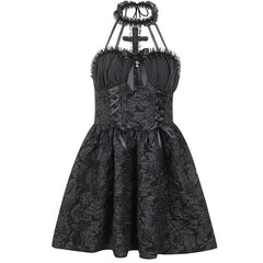 Textured cross applique ruffle halter zip-up lace up mini dress  | black rave dress