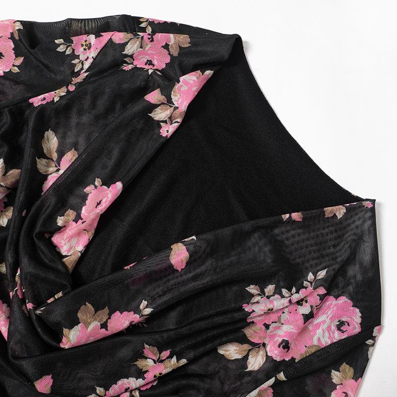 Long flared sleeve cowl neck ruffle flower print sheer mesh mini dress  | samba dress