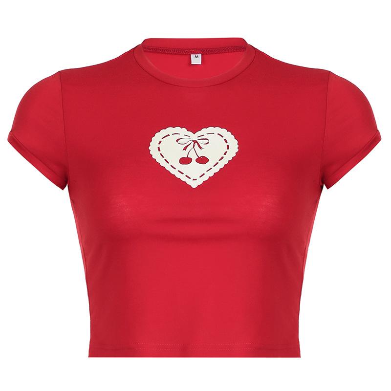 Short sleeve heart print crewneck crop top