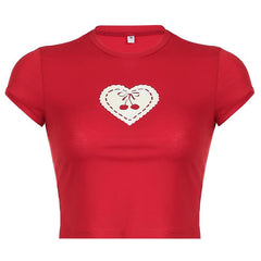 Short sleeve heart print crewneck crop top