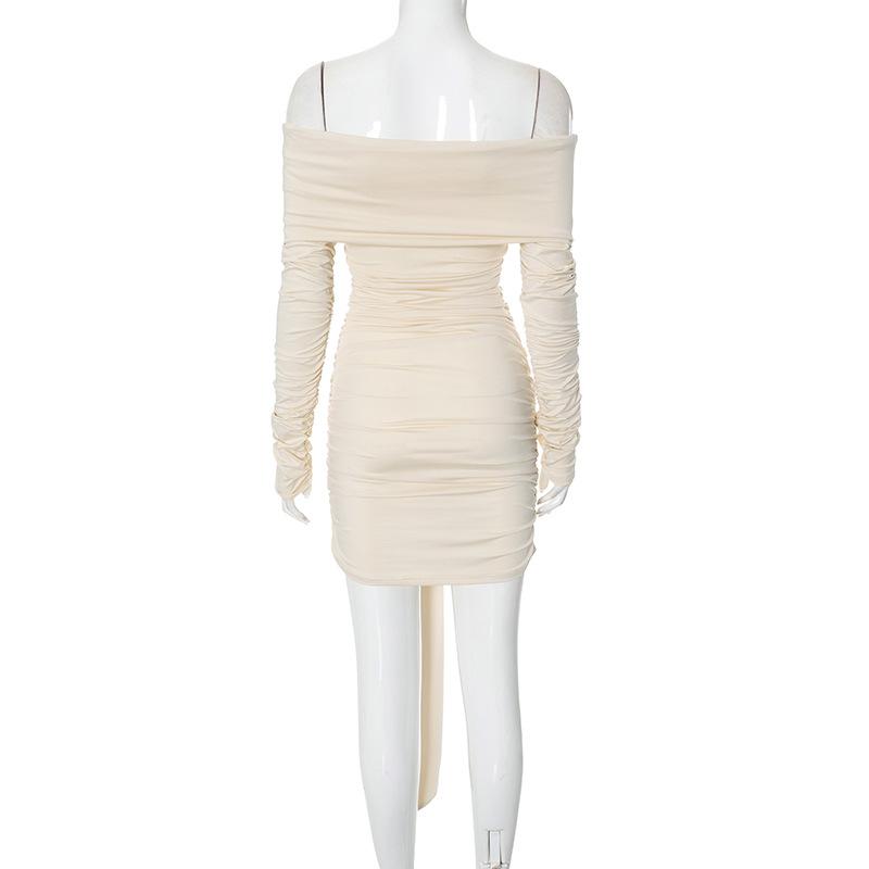 Long sleeve off shoulder ruched knotted mini dress