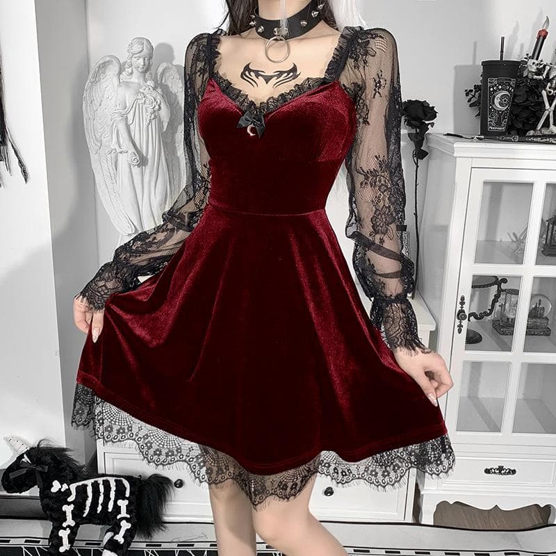 Velvet lace patchwork long sleeve contrast mini dress  | red tango dress