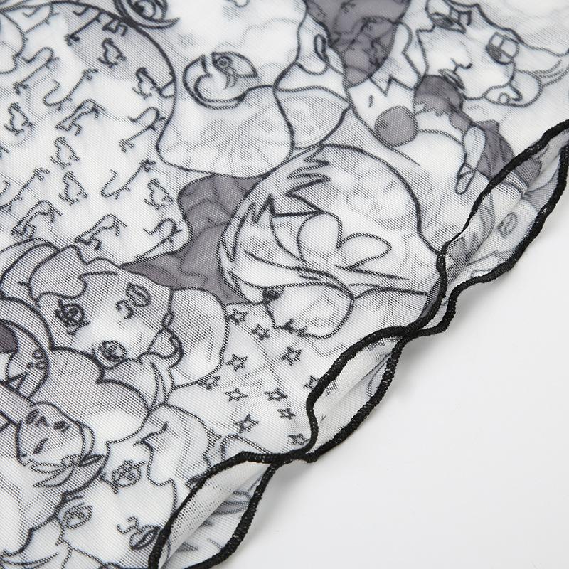 Bowknot mesh patchwork ruffle print cami top