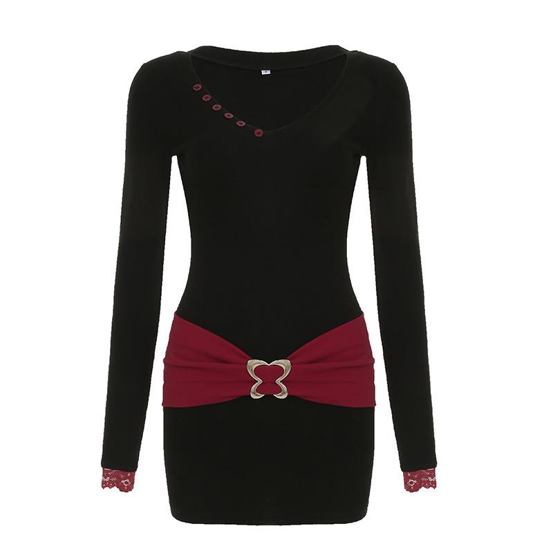 Long sleeve v neck butterfly metal buckle mini dress