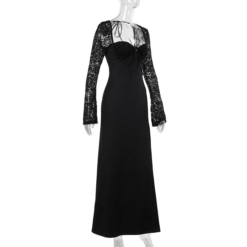 Sweetheart neck long sleeve self tie slit maxi dress