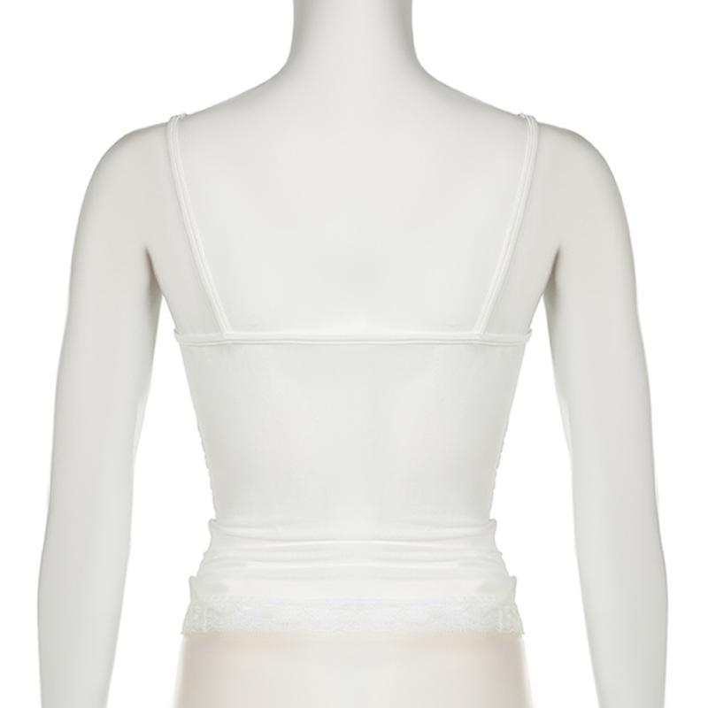 Flower applique ribbon ruched lace hem cami top