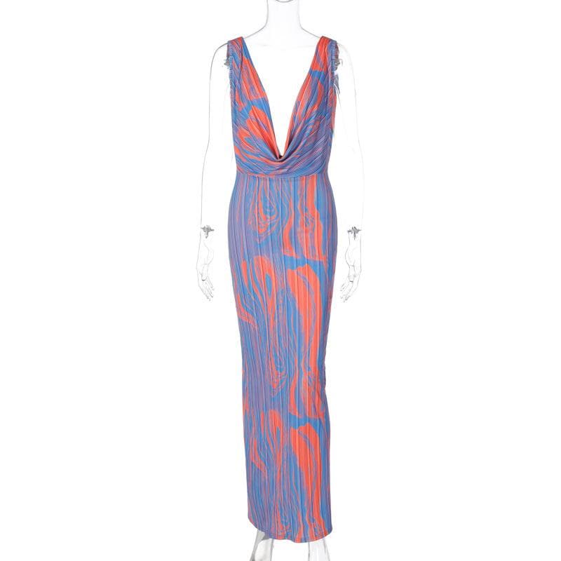 Contrast print cowl neck sleeveless backless maxi dress  | red tango dress