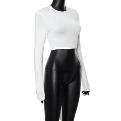 Self tie backless solid long sleeve crewneck top