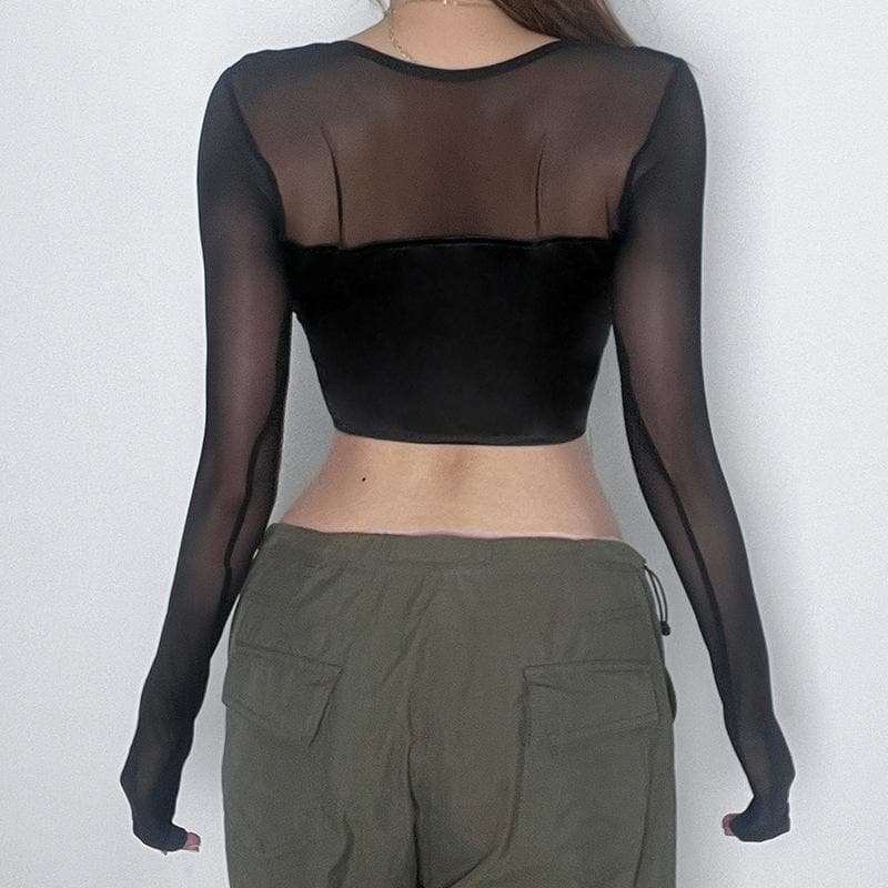 Lace up square neck mesh long sleeve crop top