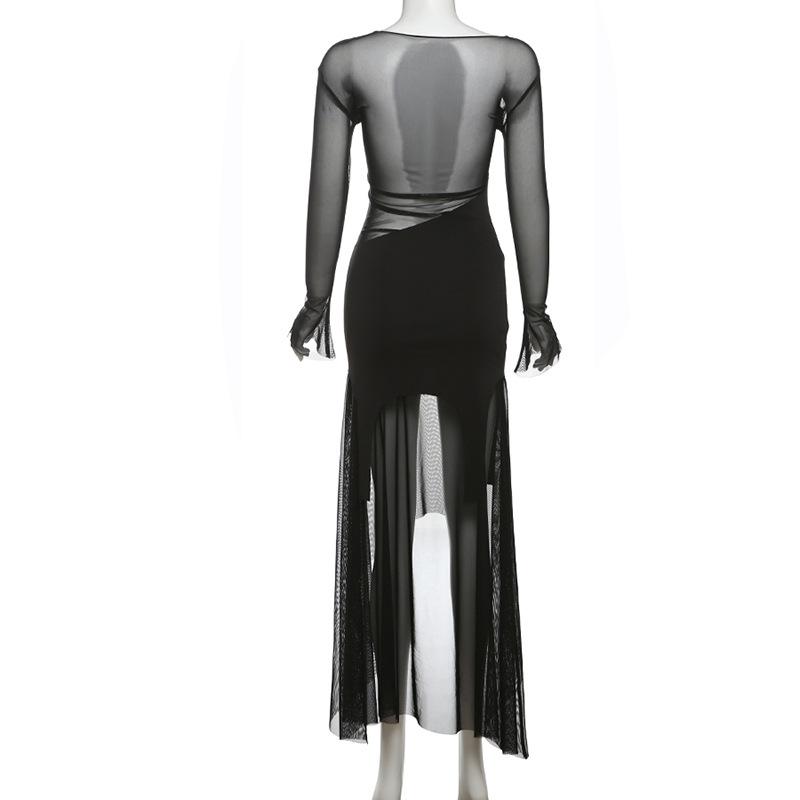 Long flared sleeve mesh maxi dress