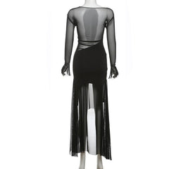 Long flared sleeve mesh maxi dress